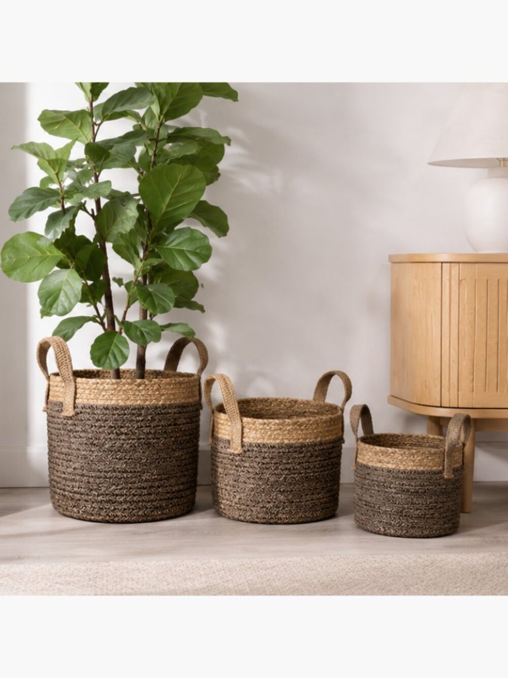(Set of x3) Round Handled Baskets - Jute/Cotton Baskets for Linens / Plants